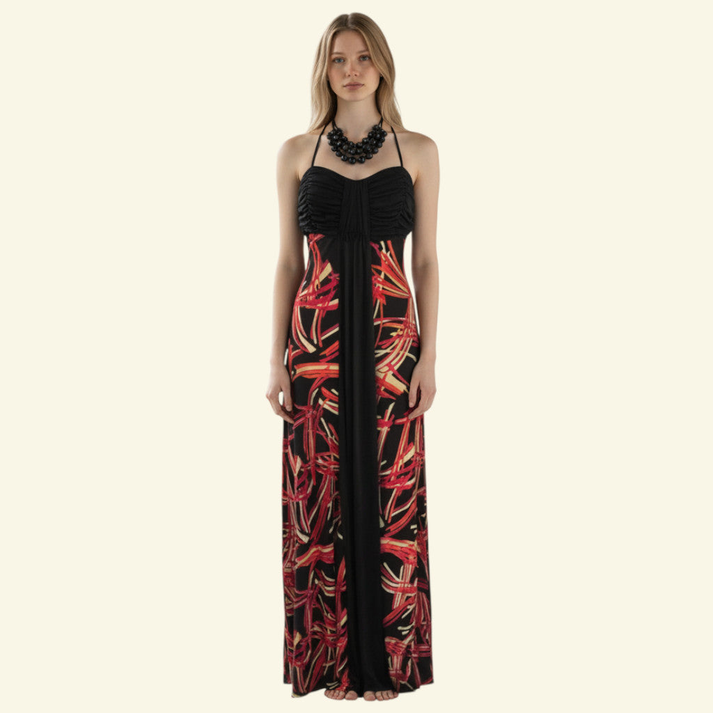 Timelessfashions black ruched sweetheart neckline maxi dress with brown, pink, red & cream abstract print silk devore panels. Spaghetti straps.