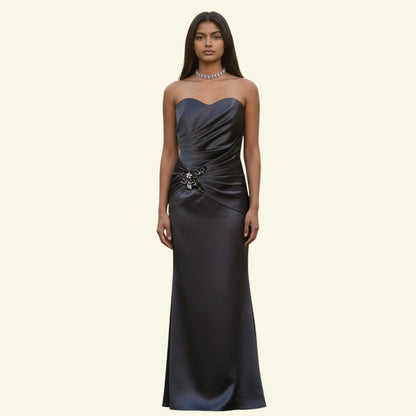 Timelessfashions slate grey satin maxi dress with pleated bodice and beaded embellishment. Strapless, floor-length.