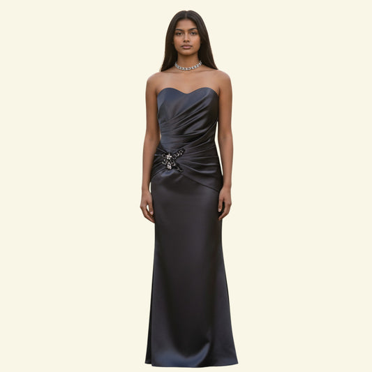 Timelessfashions slate grey satin maxi dress with pleated bodice and beaded embellishment. Strapless, floor-length.