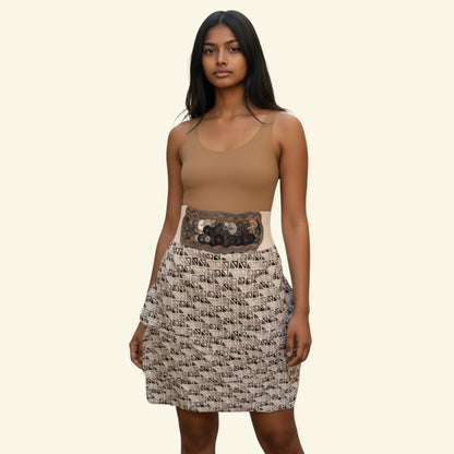 Timelessfashions Yigal Azrouël geometric print asymmetric layered cotton mini skirt with disc detail waistband.