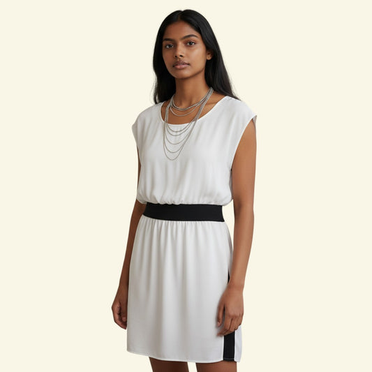 Timelessfashions Yigal Azrouël ivory crepe dress with black elasticated waistband and side zips. UK 8.