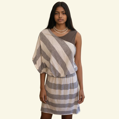 Timelessfashions Yigal Azrouël ivory & grey stripe cotton wool dress. One-shoulder design with elasticated waist.