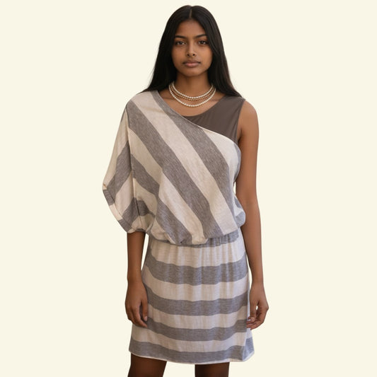 Timelessfashions Yigal Azrouël ivory & grey stripe cotton wool dress. One-shoulder design with elasticated waist.