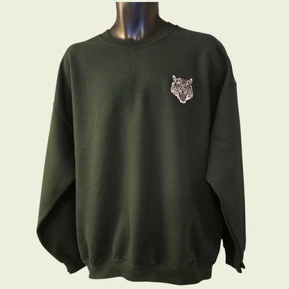 Dark green sweatshirt with a tiger emblem on a beige background