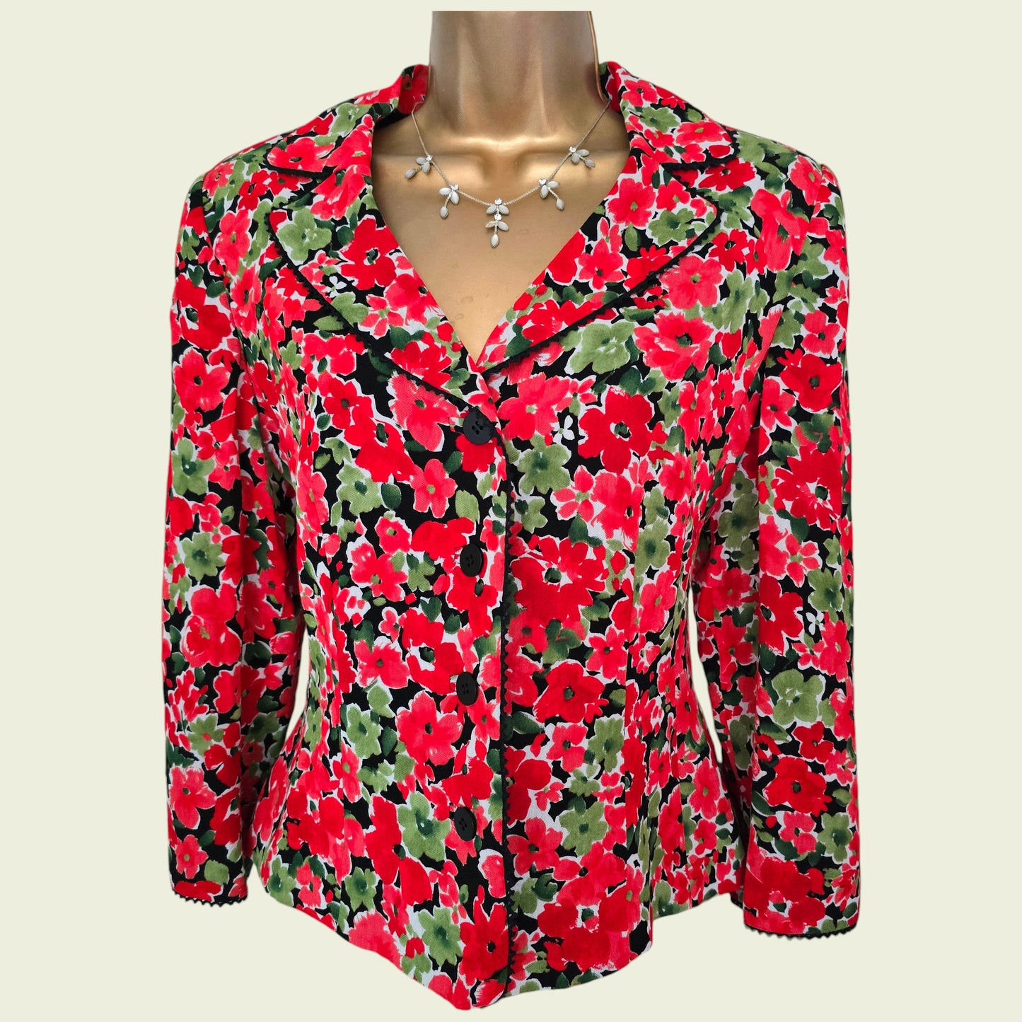 Floral patterned jacket on a mannequin against a plain background