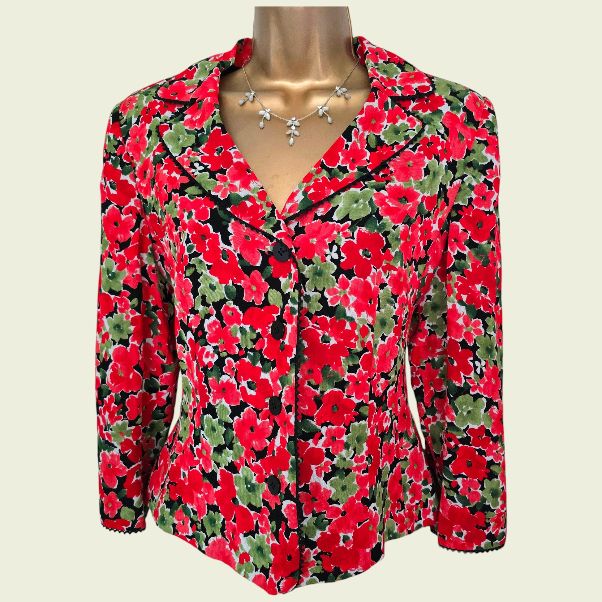 Floral patterned jacket on a mannequin against a plain background