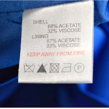Clothing label with fabric composition and care instructions on a blue background