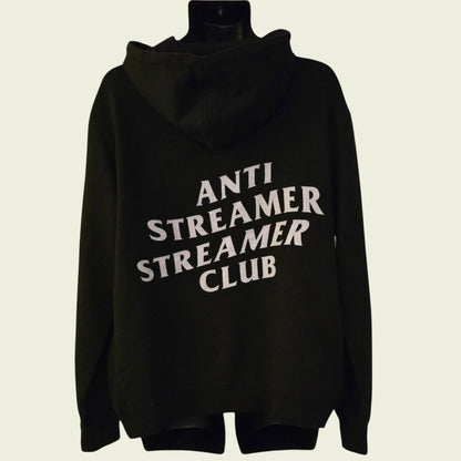 Black hoodie with 'ANTI STREAMER STREAMER CLUB' text on a beige background
