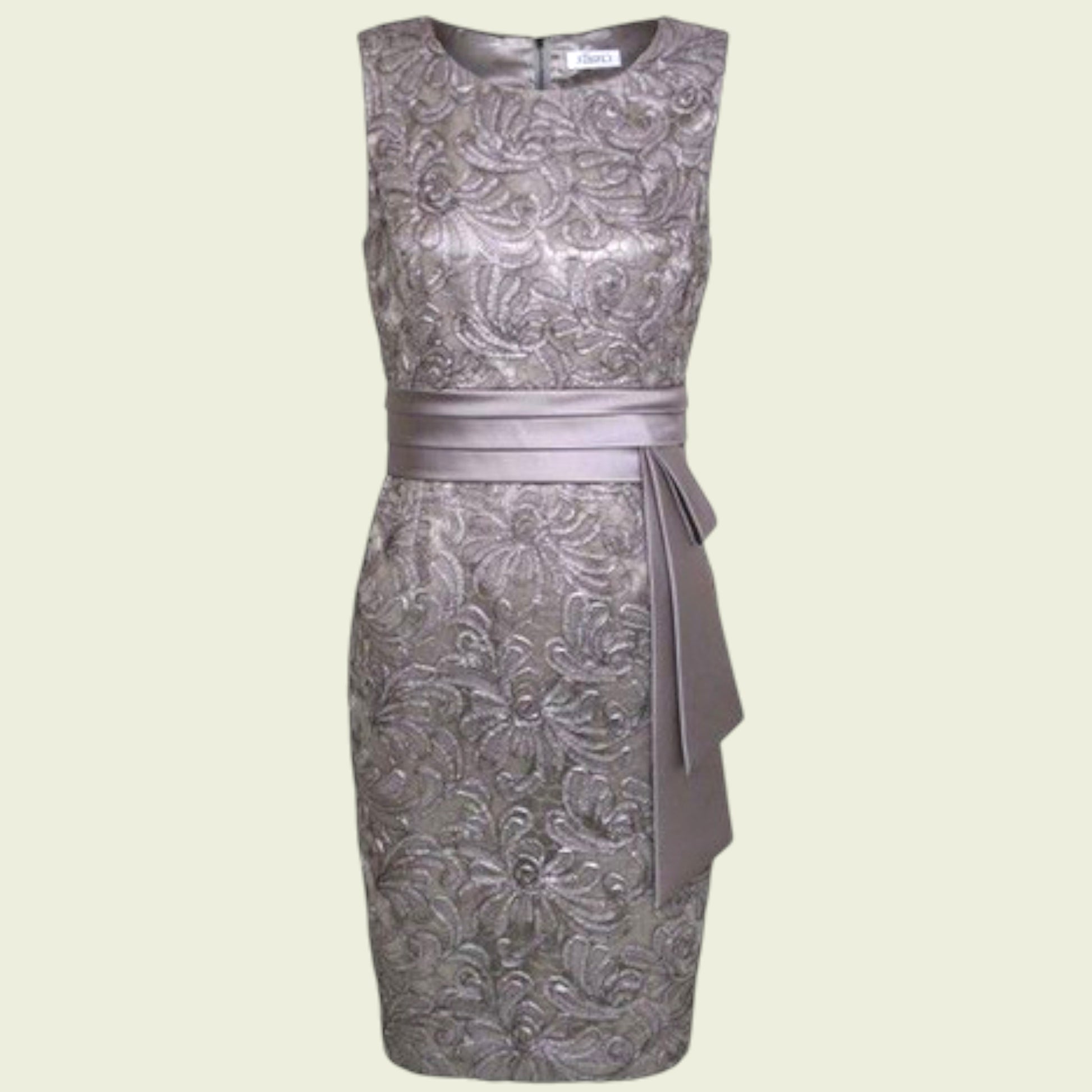 Silver floral-patterned dress with a belt on a light beige background