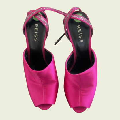 Reiss Ladies Fuschia Pink Satin Stiletto Crystal Peep Toe Shoes UK 6
