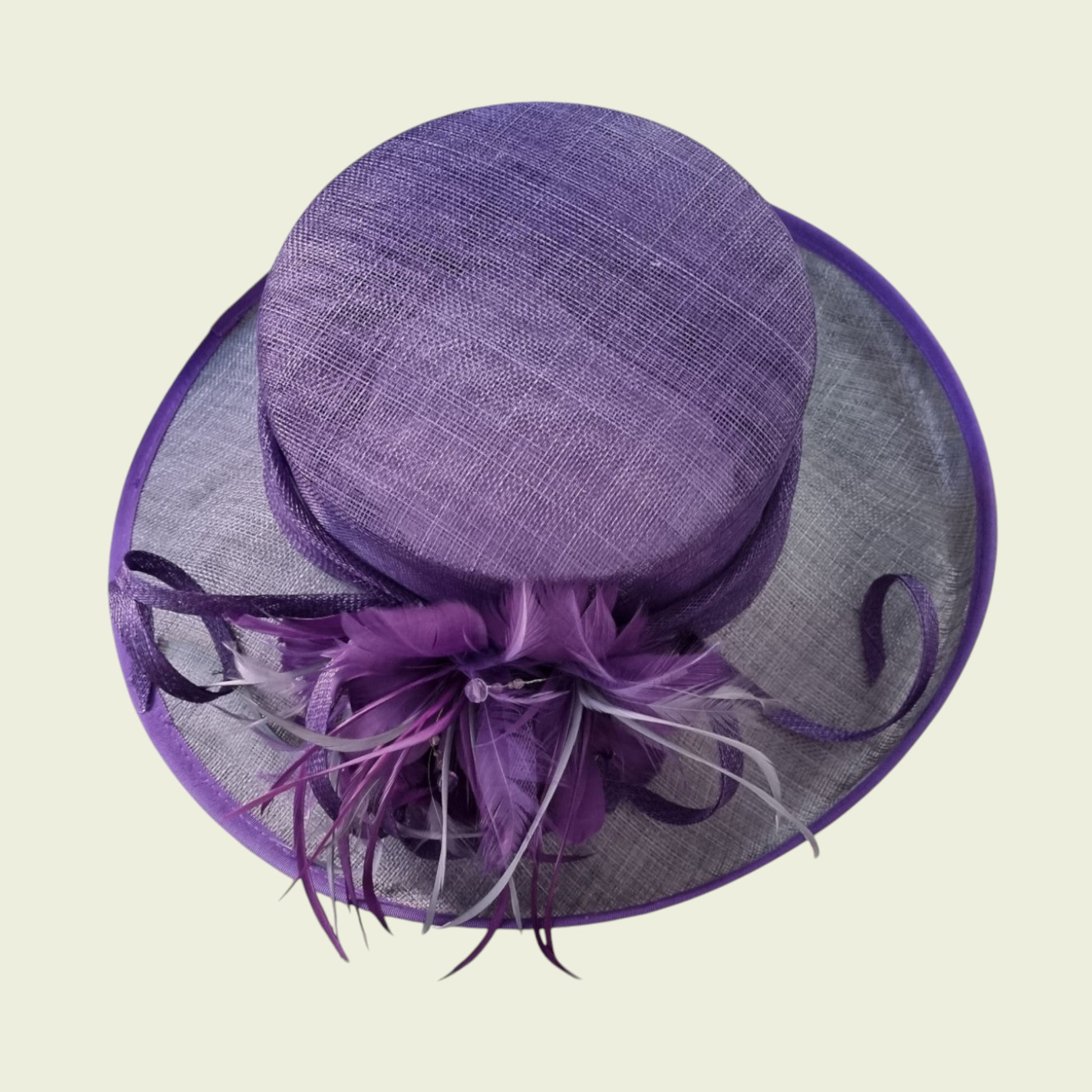 Top of mauve hat with feathers on beige background