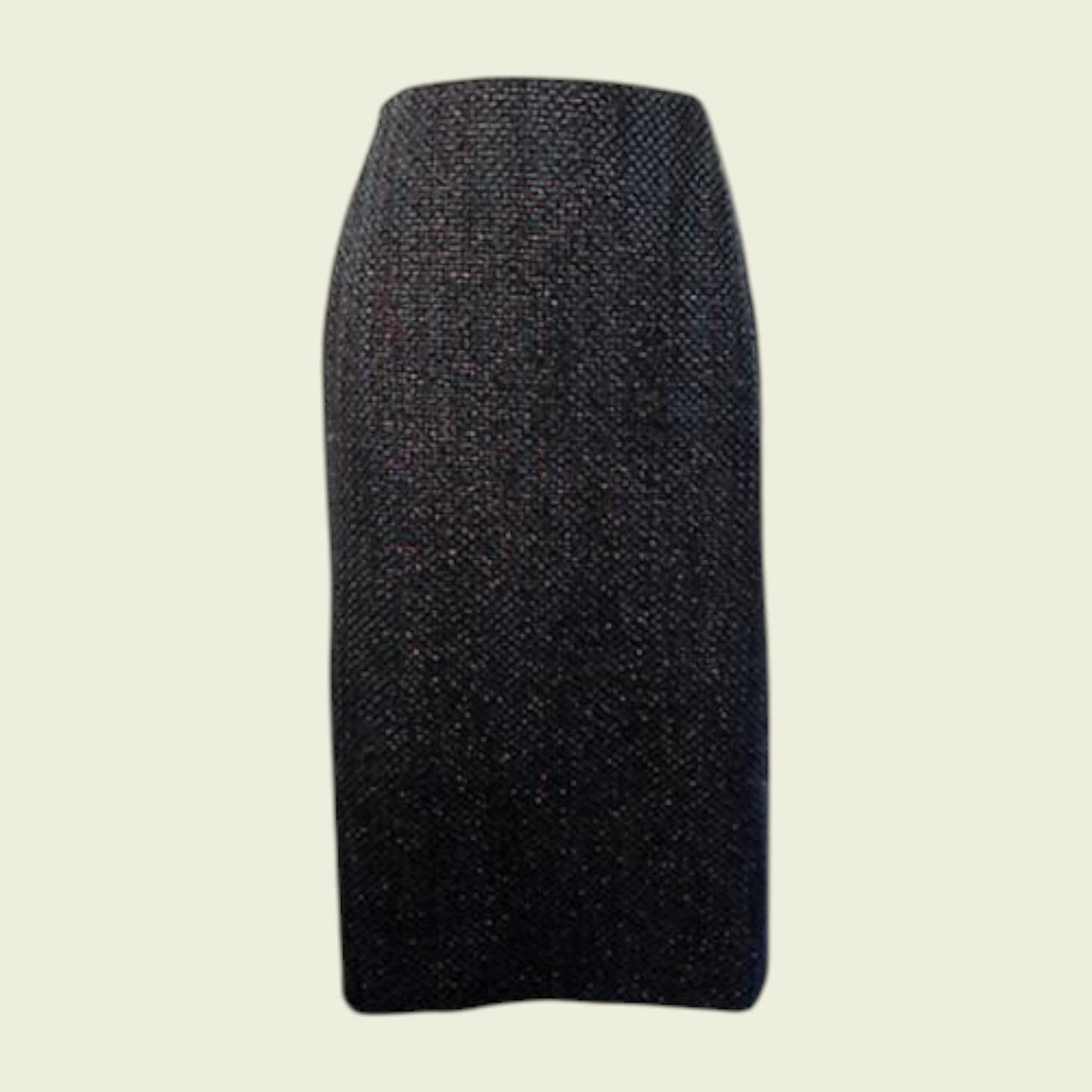 Navy textured pencil skirt on a beige background