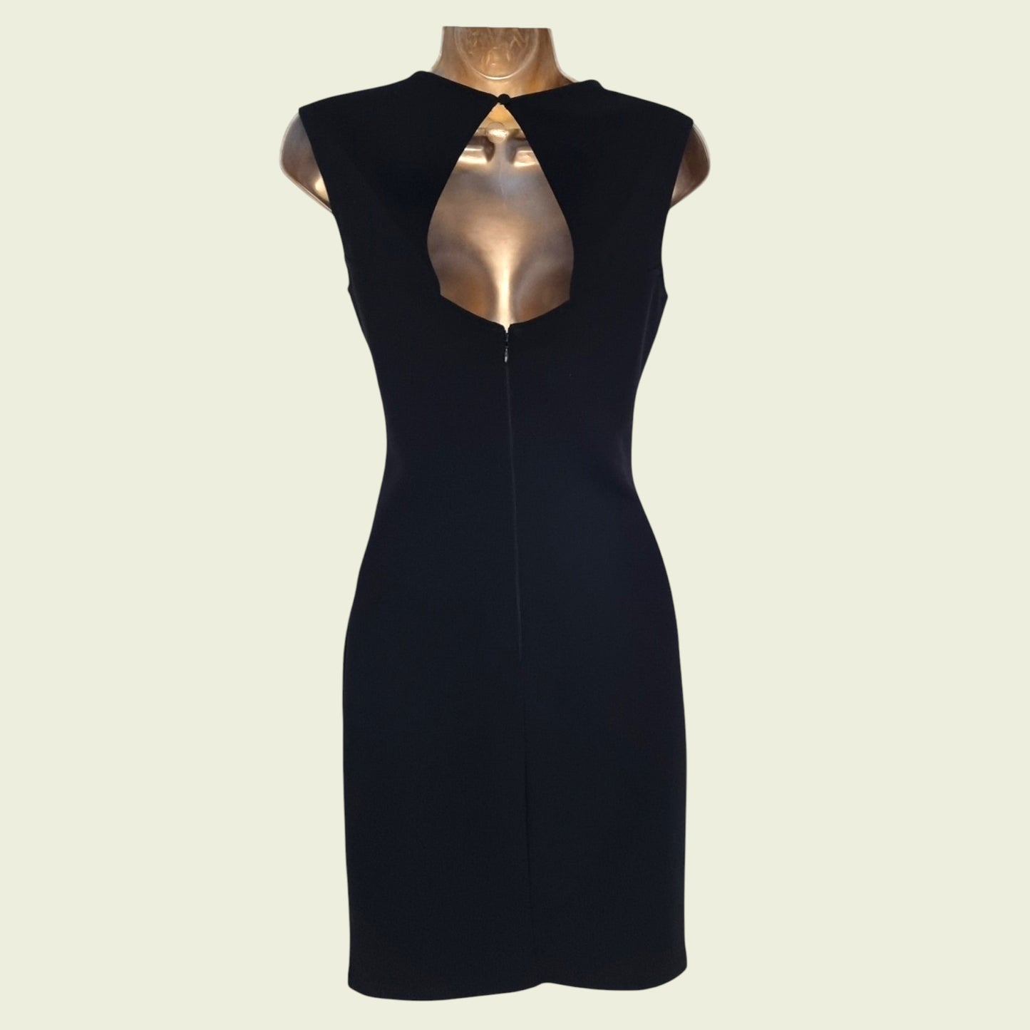 Navy dress on a mannequin against a beige background