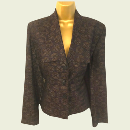 Plum patterned blazer on a mannequin against a light gray background