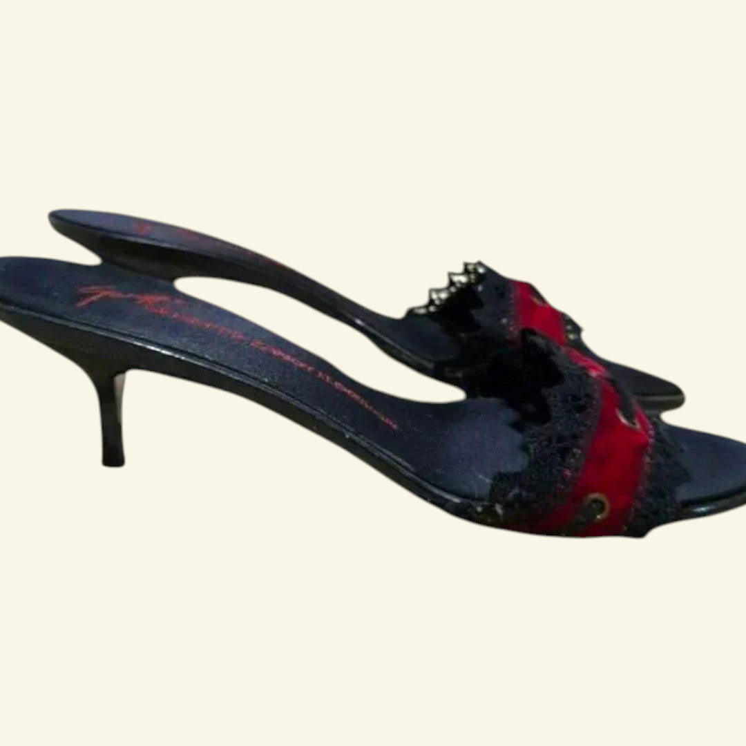 Giuseppe Zanotti Black Kitten Heel Red Velvet Sandals UK 6.5 US 9 EU 40 - Timelessfashions