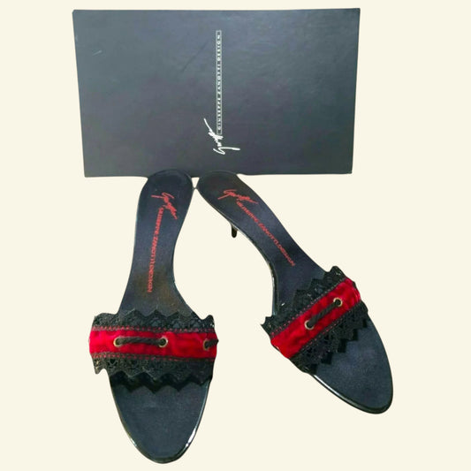 Giuseppe Zanotti Black Kitten Heel Red Velvet Sandals UK 6.5 US 9 EU 40 - Timelessfashions