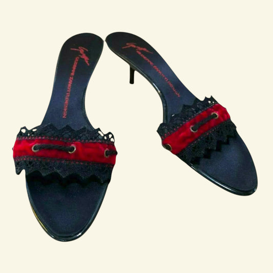 Giuseppe Zanotti Black Kitten Heel Red Velvet Sandals UK 6.5 US 9 EU 40 - Timelessfashions