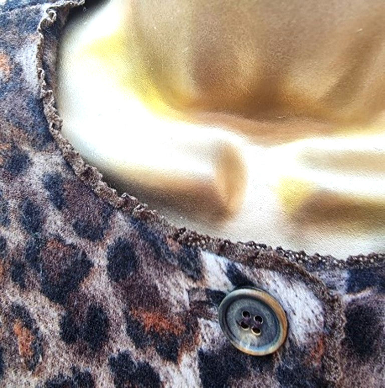 Close-up of a leopard print fabric with a button, featuring a gold and white background.