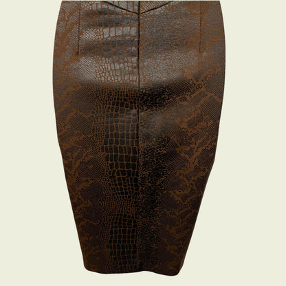 Brown patterned pencil skirt on a beige background