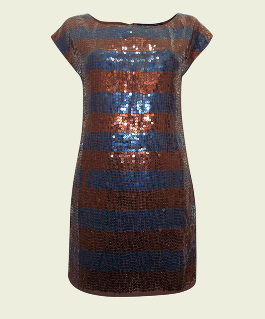 Sequined dress with blue and brown stripes on a beige background