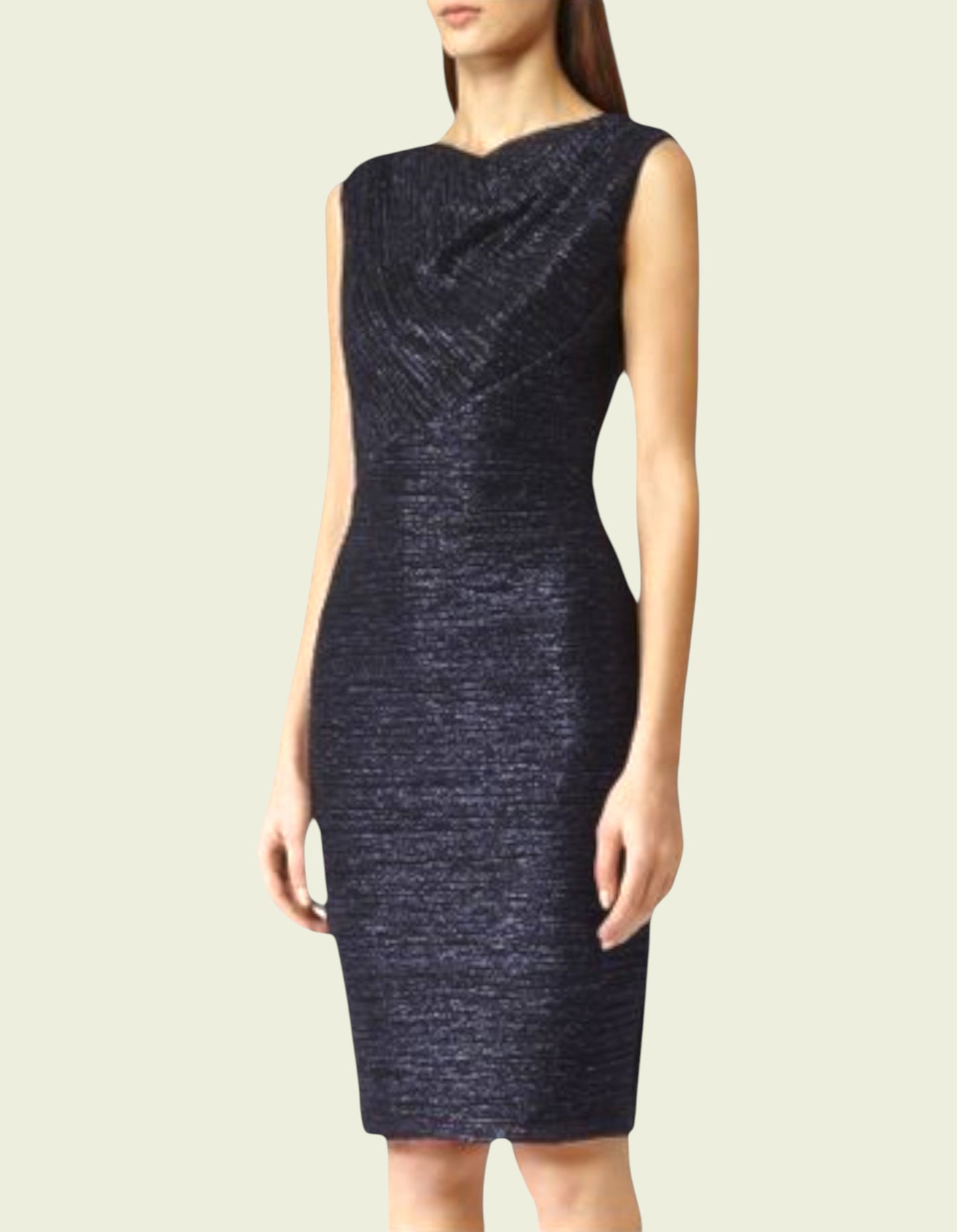 Navy blue dress worn by a model on a light beige background