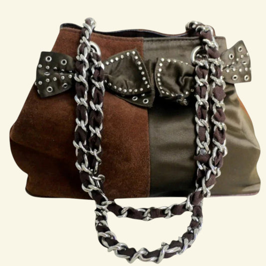 Beverly Feldman for Russell & Bromley Vintage Brown Suede & Satin Handbag - Timelessfashions