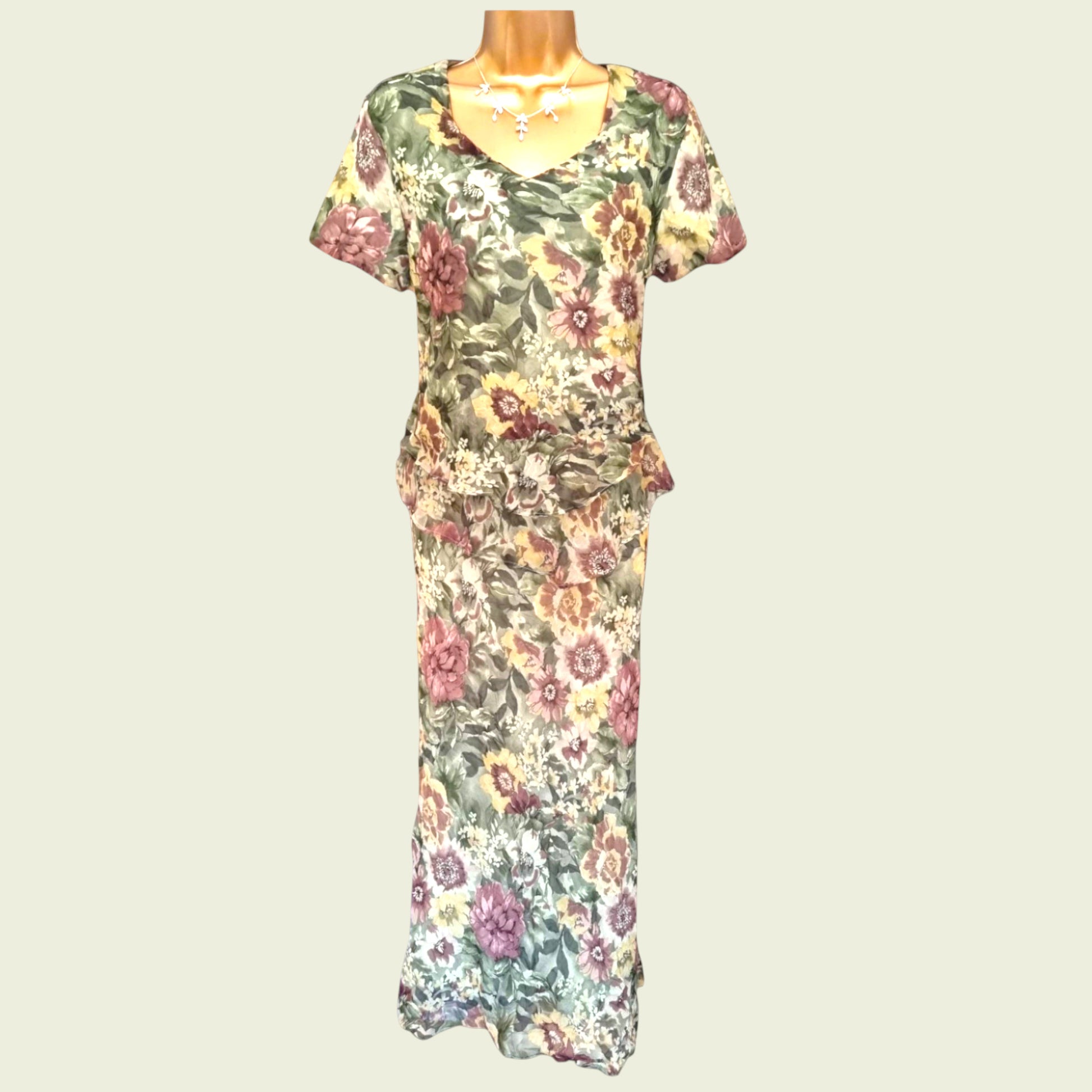 Floral patterned dress on a mannequin against a plain background