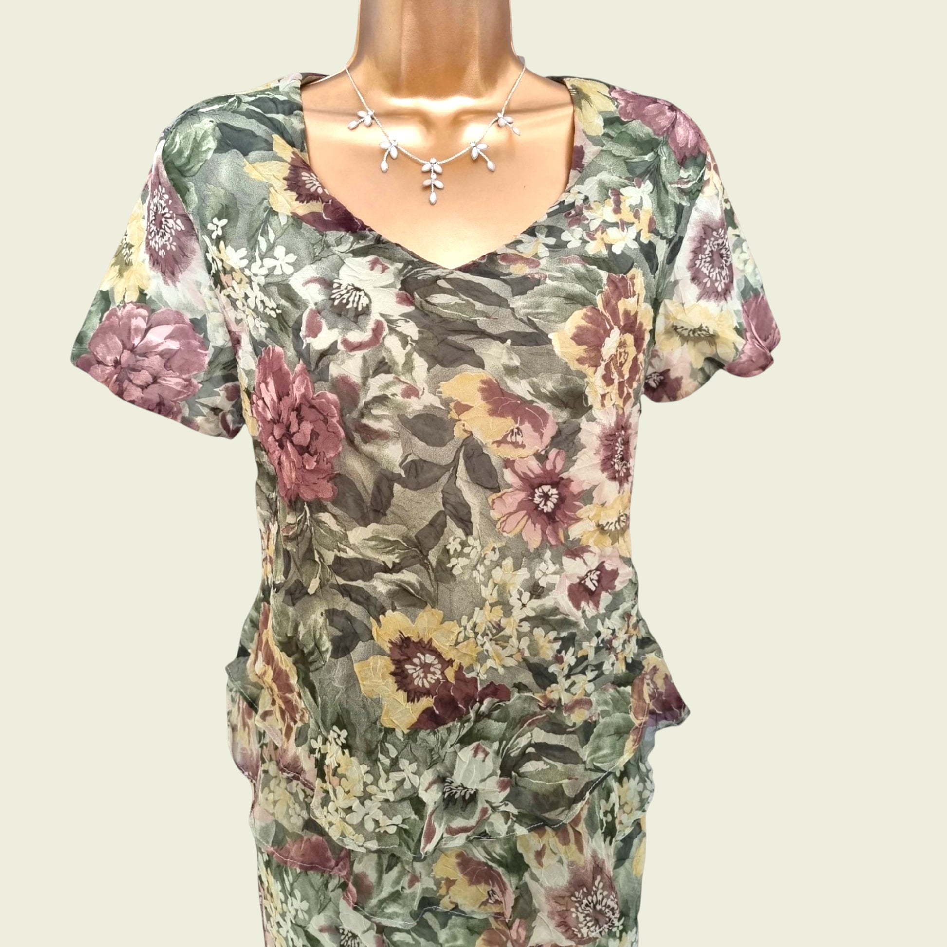 Floral patterned dress on a mannequin against a plain background