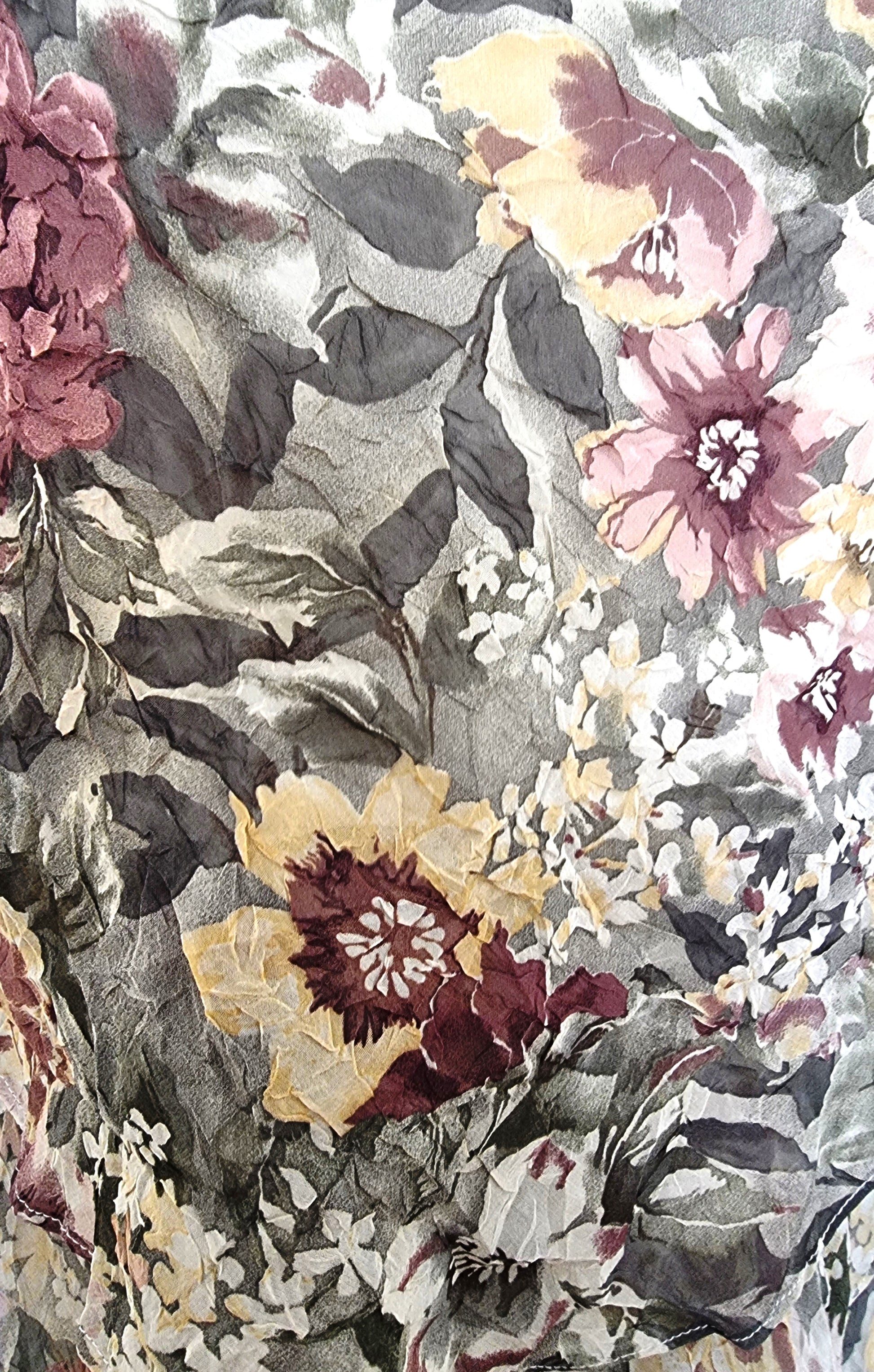 Close-up of a floral pattern with various flowers and leaves.