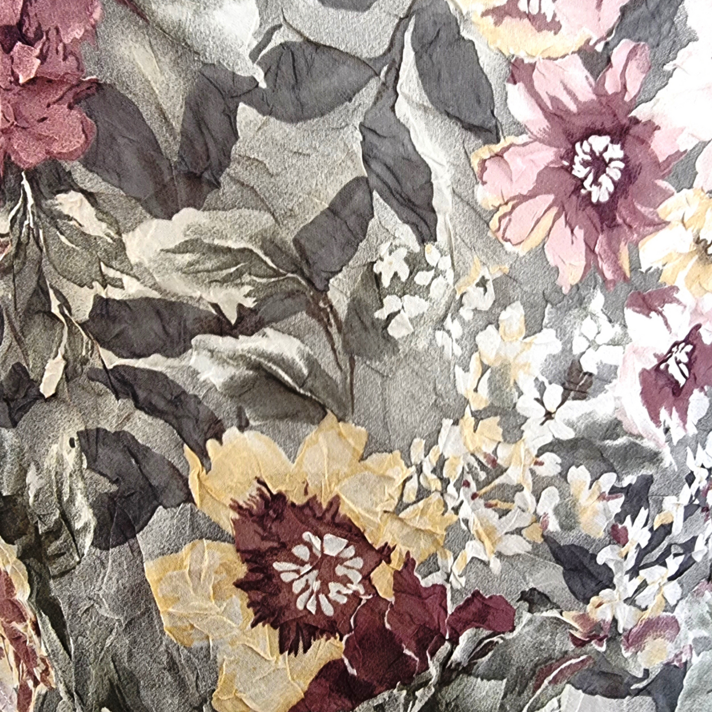 Floral pattern with pink, yellow, and gray flowers on a fabric background
