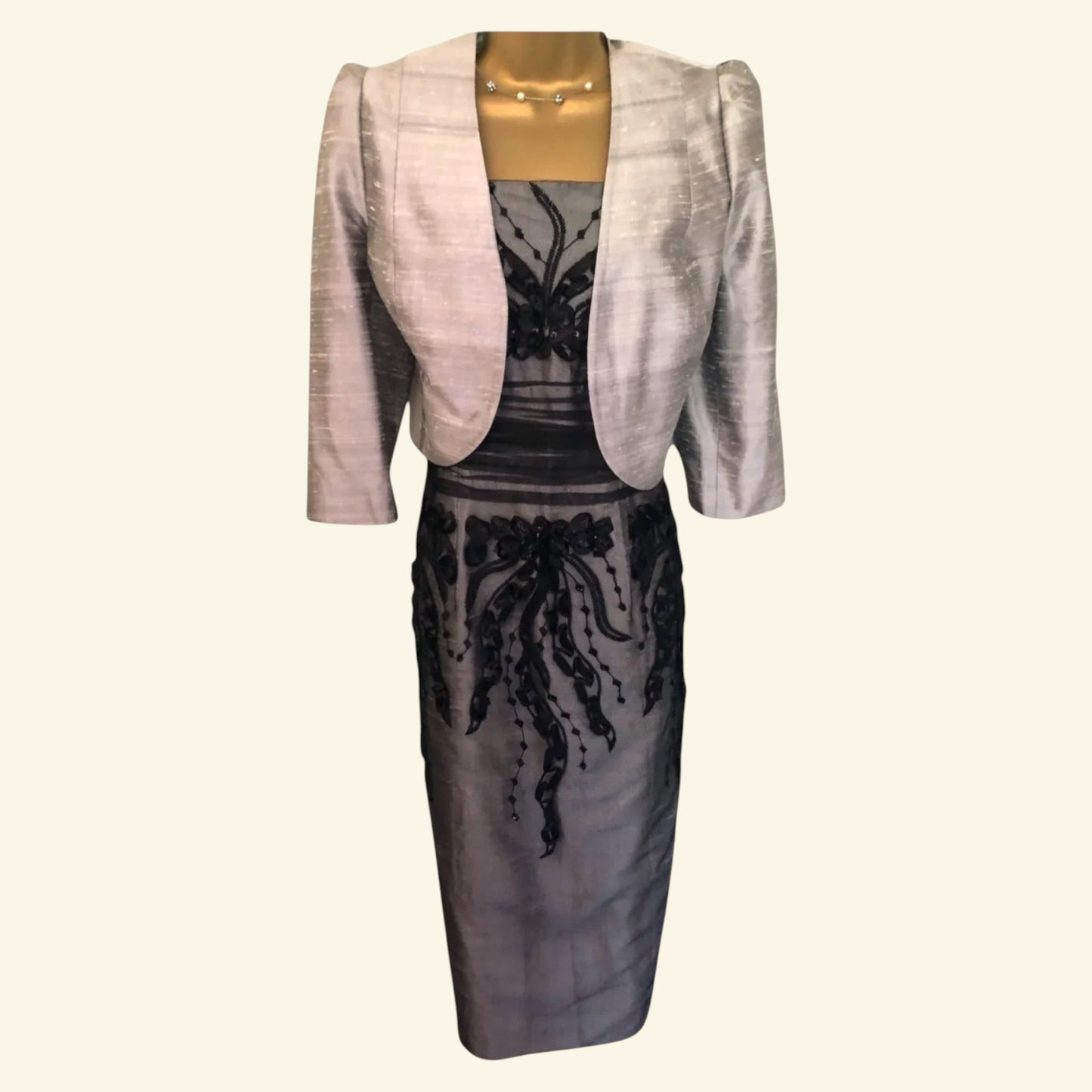Condici Black & Grey Silk Dress & Bolero UK 10 US 6 EU 38 - Timelessfashions