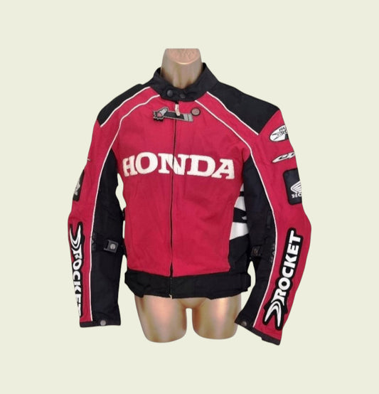 Red and black motorcycle jacket with Honda branding on a mannequin against a beige background