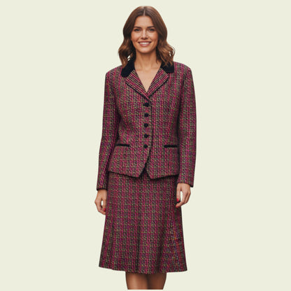 Woman wearing a patterned suit on a beige background