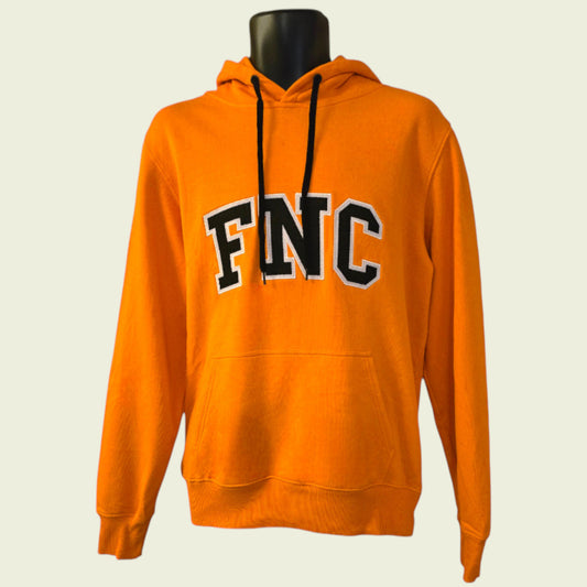 Orange hoodie with 'FNC' text on a beige background