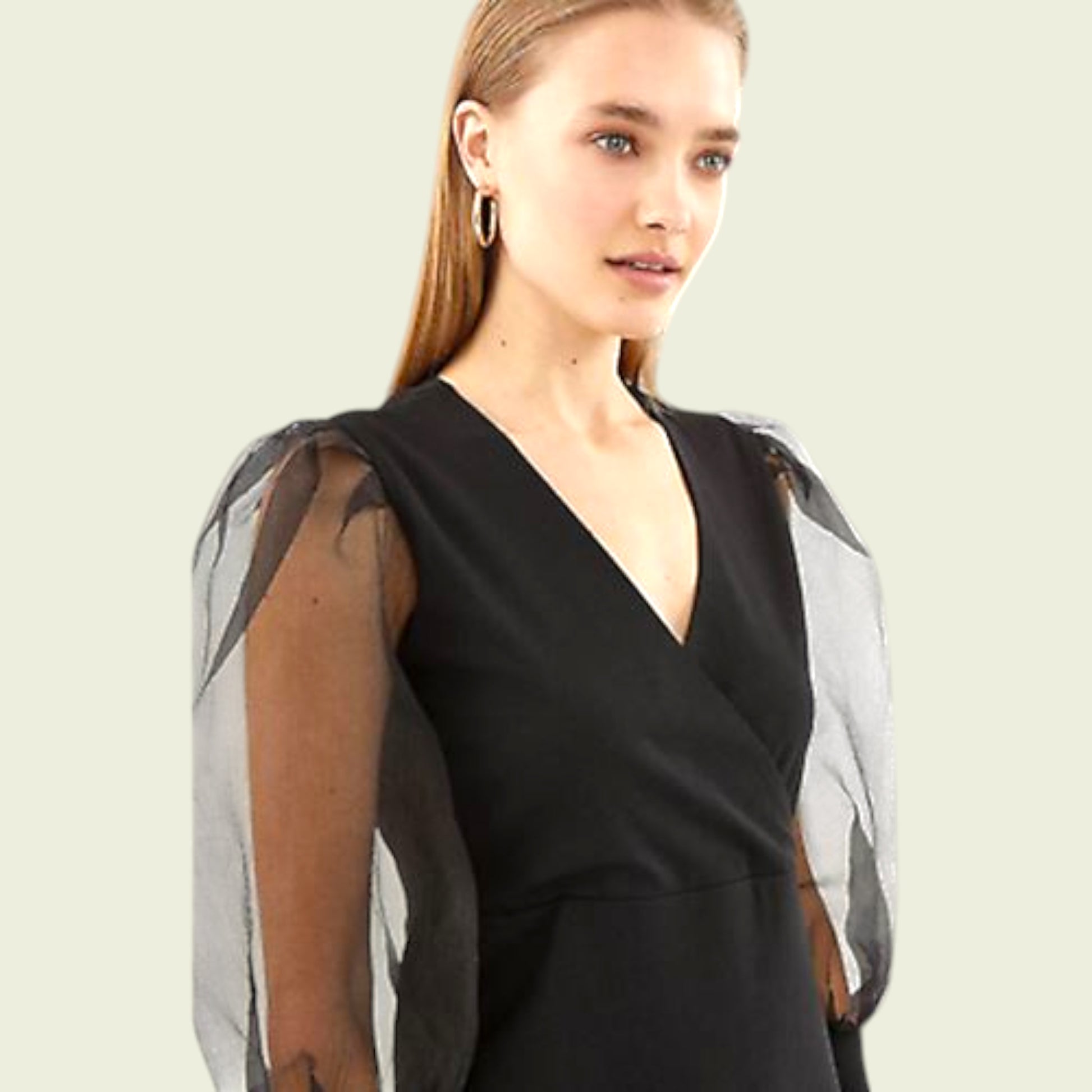 Woman wearing a black dress with sheer sleeves on a light background