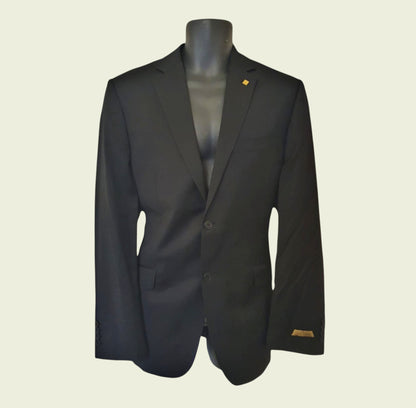 Black suit jacket on a mannequin against a beige background