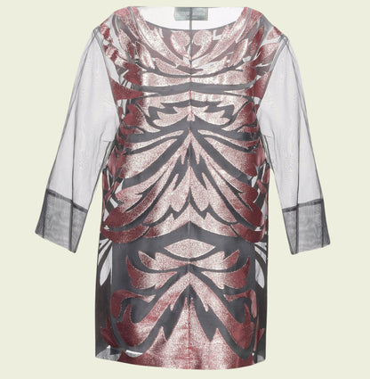 Dress with a red and black pattern on a beige background