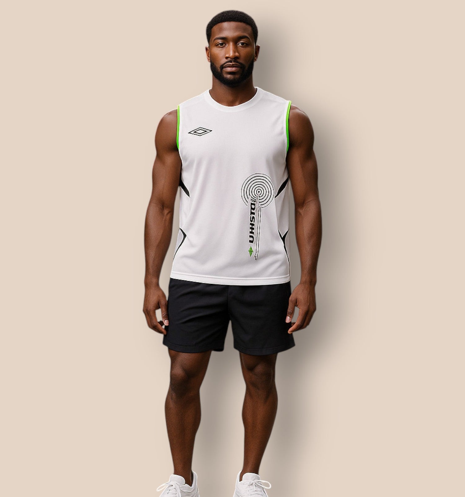 Man wearing a white sleeveless sports shirt with green accents and black shorts on a beige background