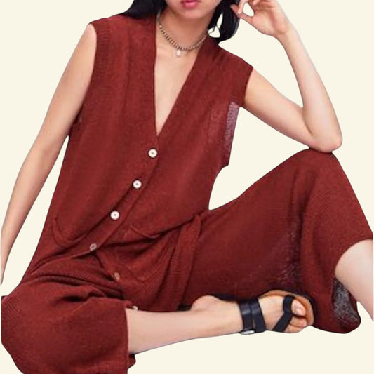 ZARA Rust Knit Linen Mix Wide Leg Culottes & Long Waistcoat UK 12 US 8 EU 40 - Timelessfashions