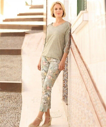 Pomodoro Khaki V-Neck Lace Top UK 18/20 US 14/16 EU 46/48 Timeless Fashions