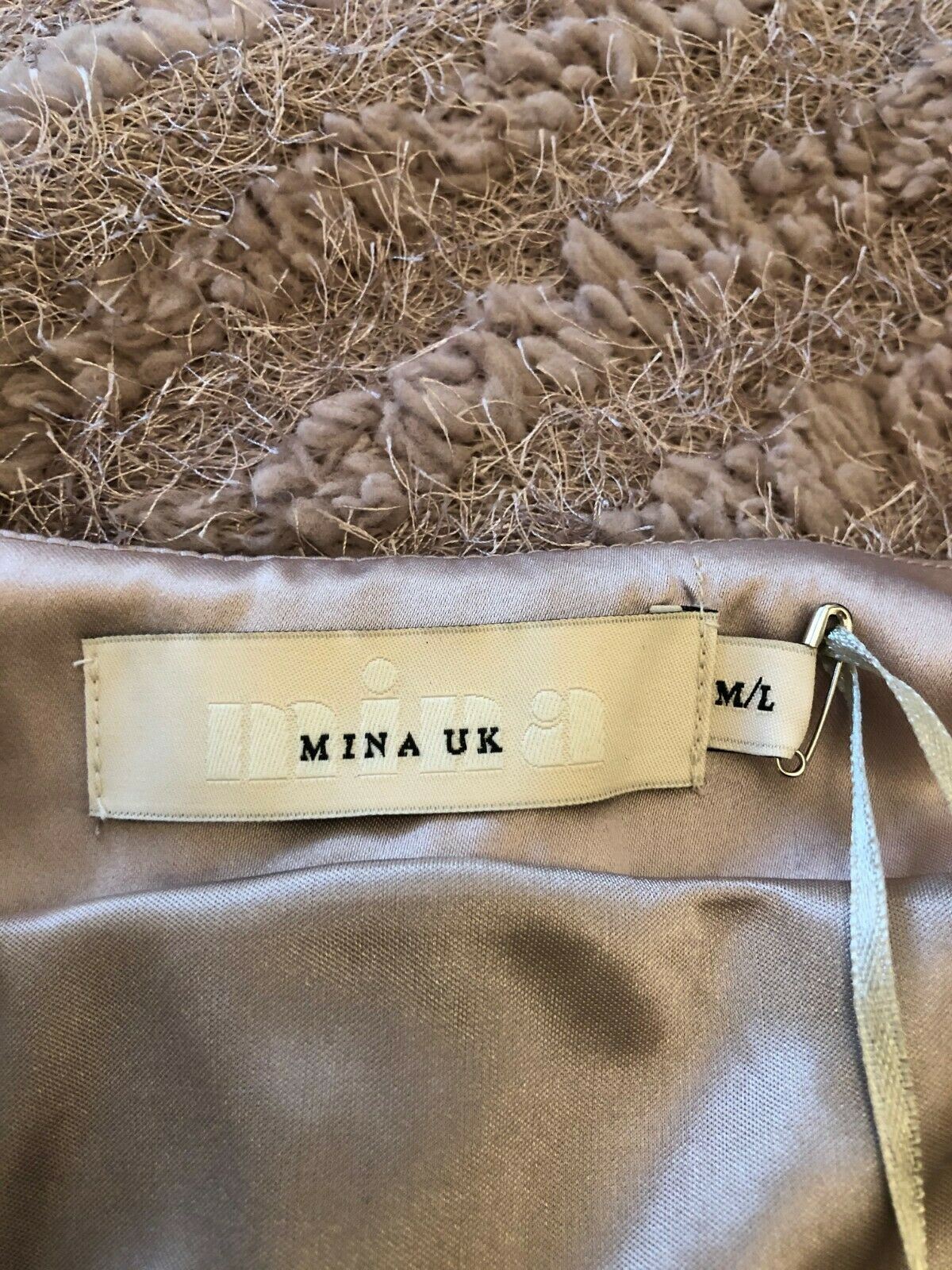 Mina UK Champagne Fluffy Knit with Satin Trim Mini Dress M/L UK 10 US 6 EU 38 Timeless Fashions