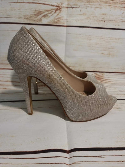 Next Pale Gold Glitter Wide Fit, Peep Toe, Platform Court Shoes Heels UK 7 EU 41 Timeless Fashions