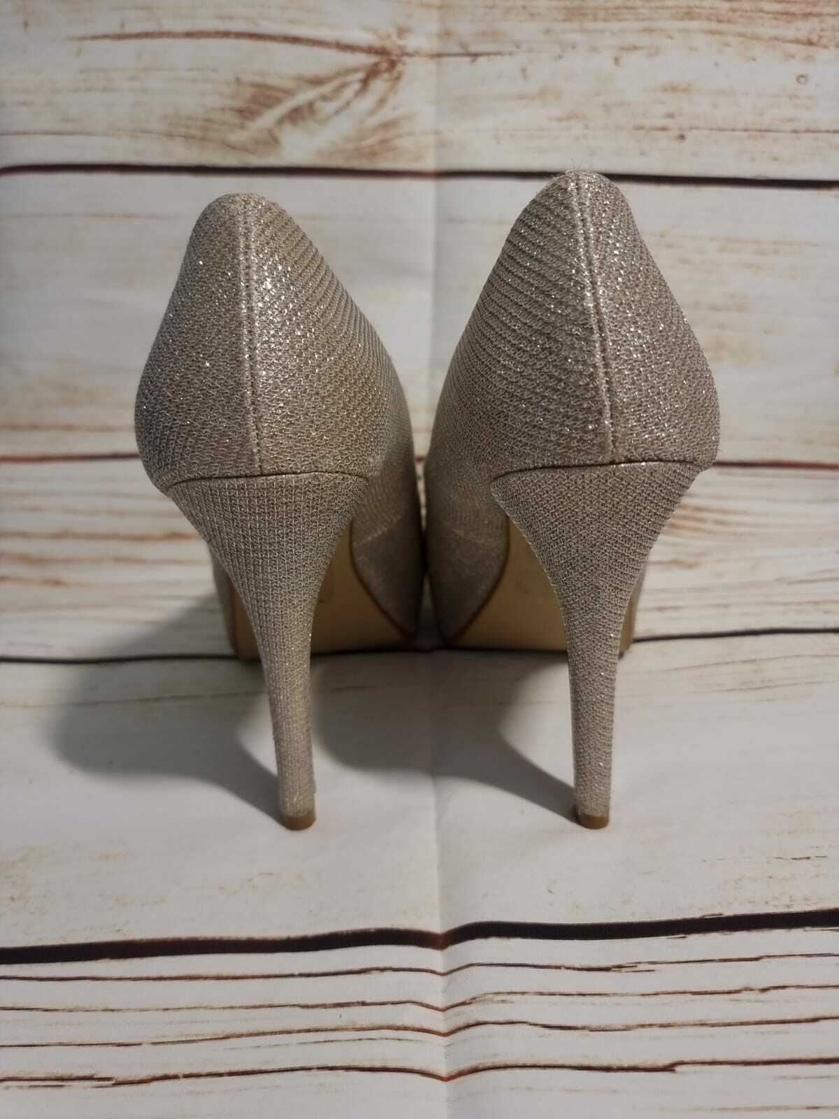 Next Pale Gold Glitter Wide Fit, Peep Toe, Platform Court Shoes Heels UK 7 EU 41 Timeless Fashions