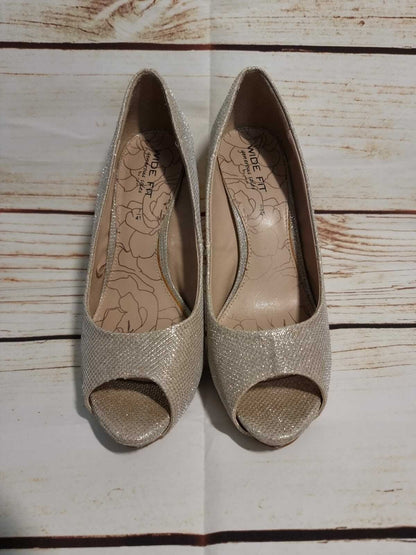 Next Pale Gold Glitter Wide Fit, Peep Toe, Platform Court Shoes Heels UK 7 EU 41 Timeless Fashions