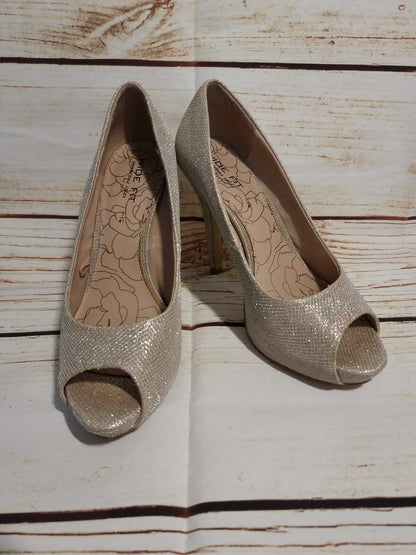 Next Pale Gold Glitter Wide Fit, Peep Toe, Platform Court Shoes Heels UK 7 EU 41 Timeless Fashions