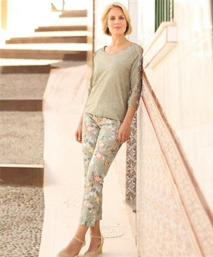 Pomodoro Khaki V-Neck Lace Top UK 14/16 US 10/12 EU 42/44 Timeless Fashions