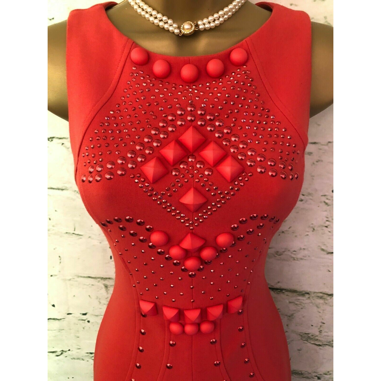 Tenax Red Studded Bodycon Sleeveless Dress UK 8 US 4 EU 36 IT 40 RRP £230.00 Timeless Fashions