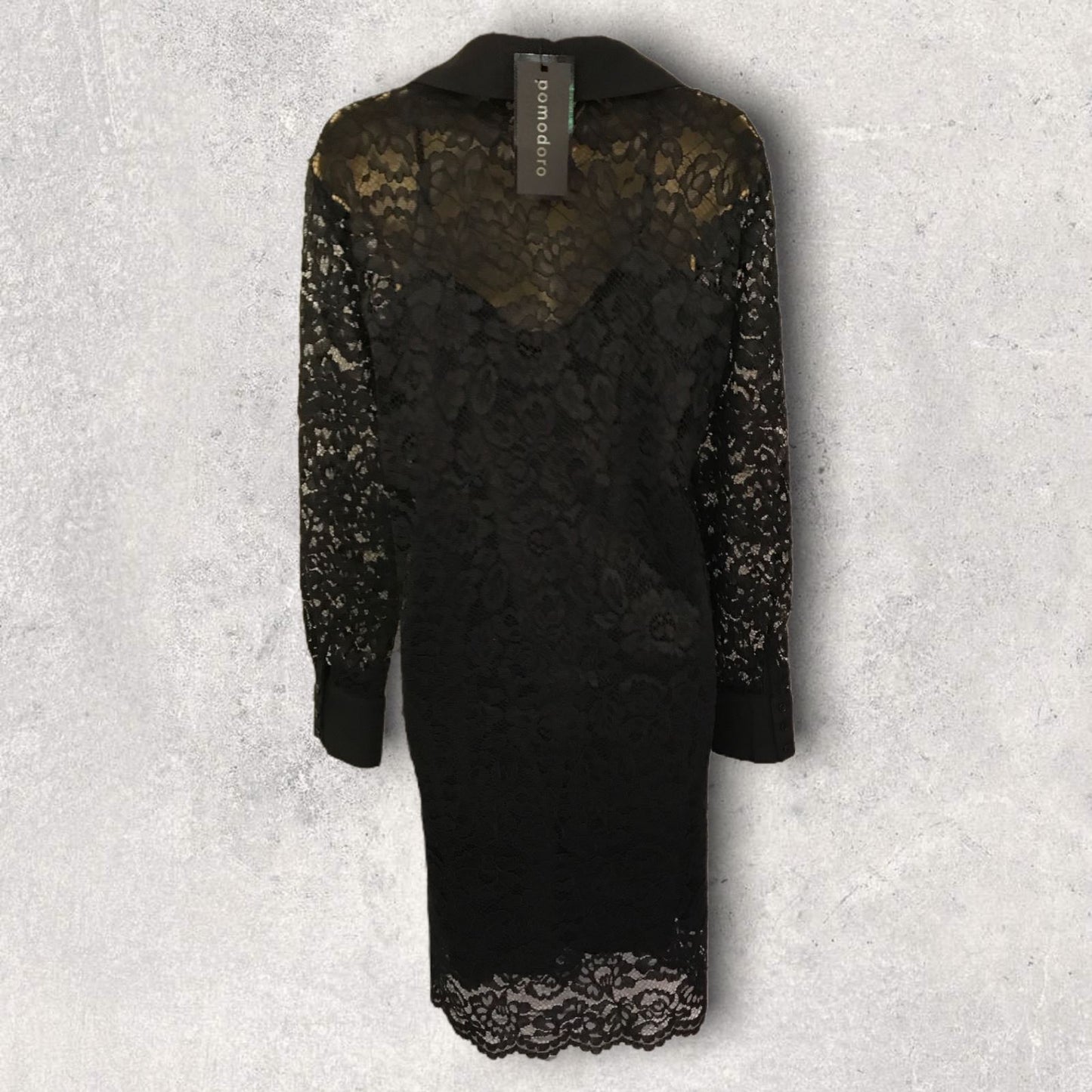 Pomodoro Black Lace Long Sleeved Shirt Dress UK 14 US 10 EU 42 Timeless Fashions