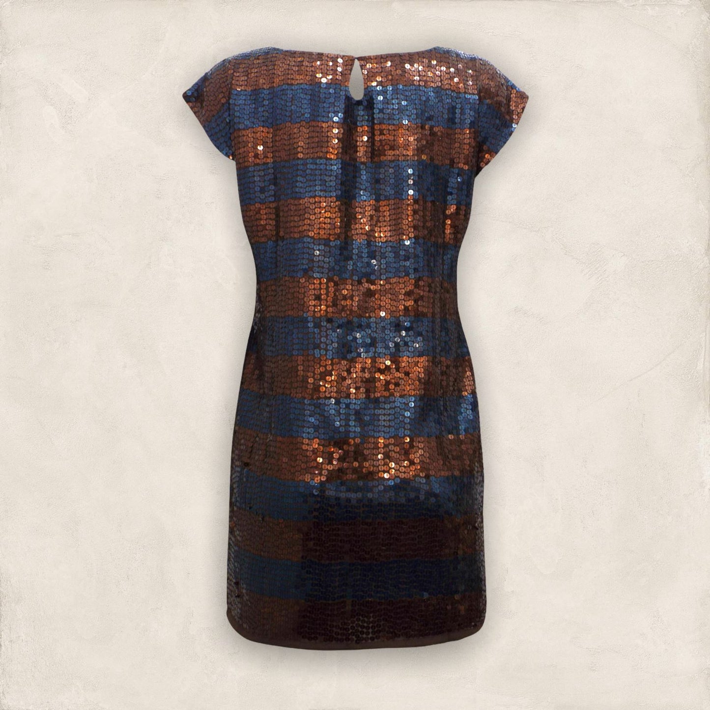 French Connection Copper & Ink Blue Striped Sequin Shift Dress UK 12 US 8 EU 40 Timeless Fashions