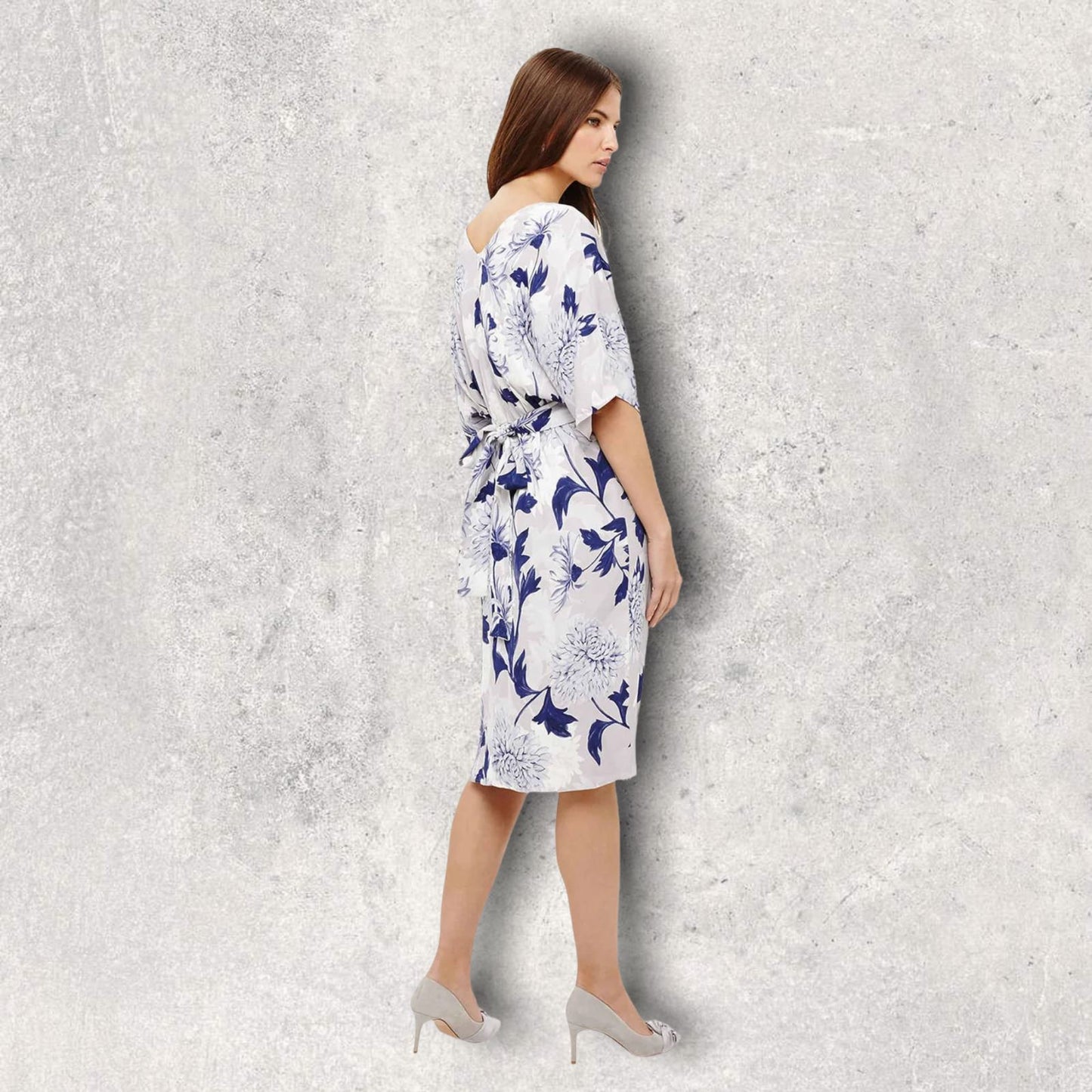 Phase Eight April Floral Front Twist Half Sleeve Navy & Grey Dress UK 14 US 10 EU 42 Timeless Fashions